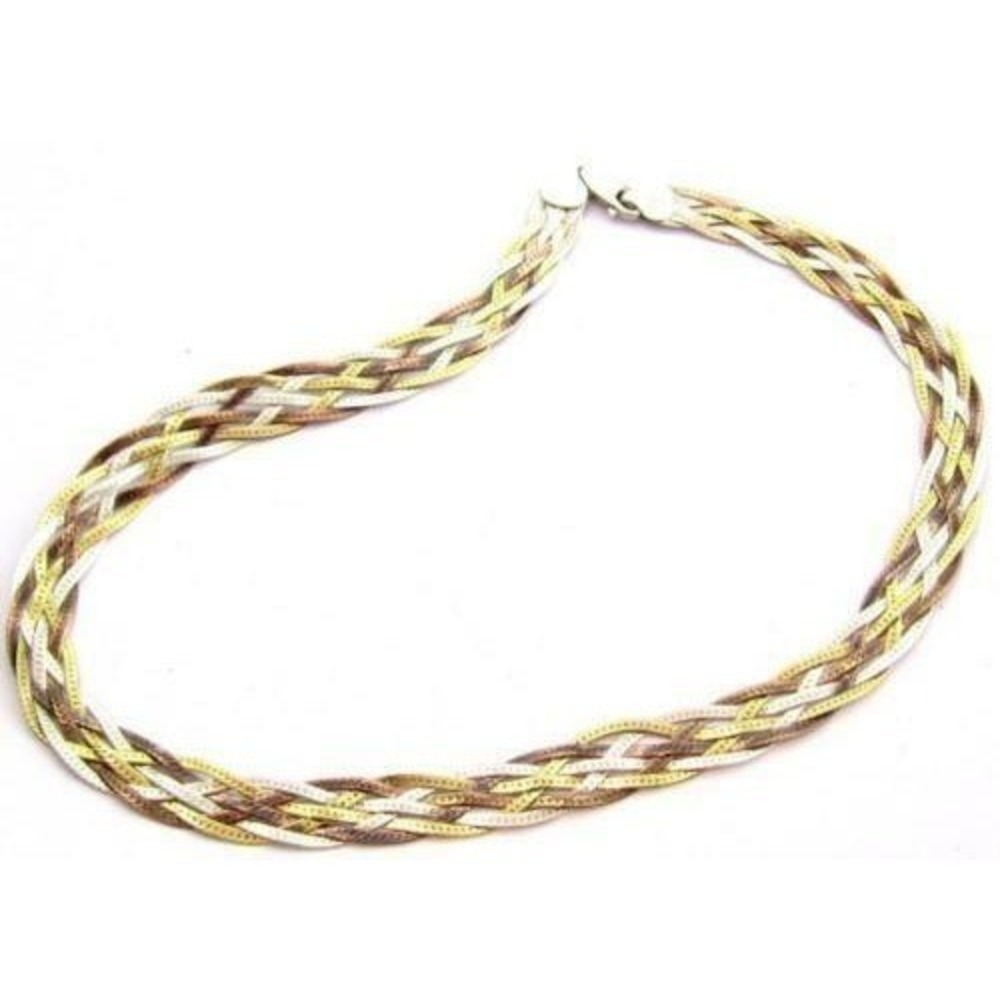 Vintage Braided Yellow,Rose Tri-Color Sterling Silver Necklace*16"*SU 925 ITALY